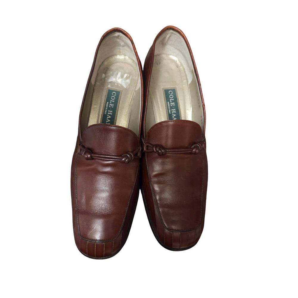 Cole Haan Brown Leather Pleated Loafers Made in Italy Block Heel Womens 7.5 AA